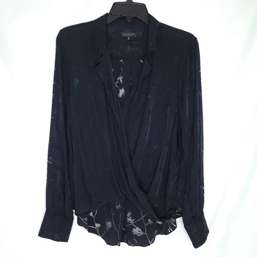 rag & bone Black Dean Burnout Floral Plunging Wrap Blouse
